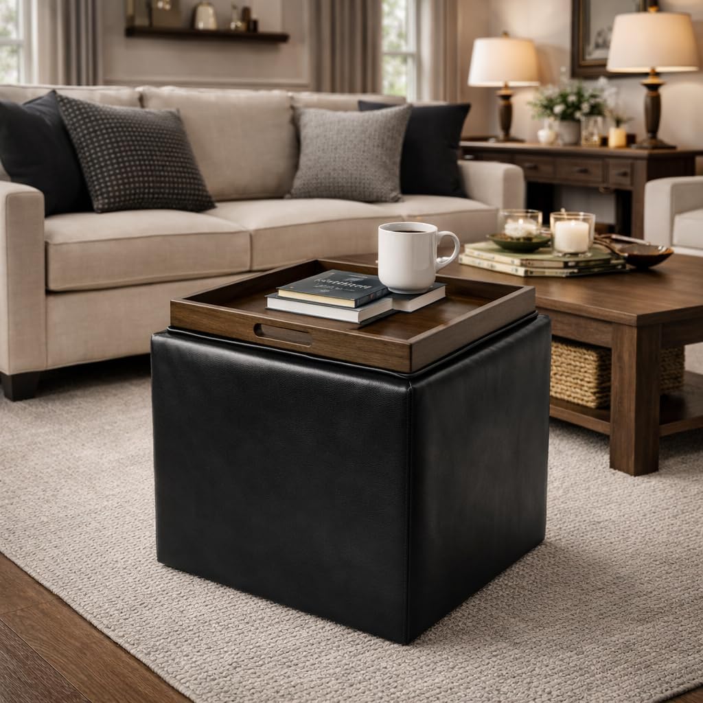 HomePop 17.5" Storage Ottoman with Tray Top - Black Faux Leather