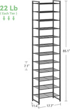 Nunsino Narrow Shoe Rack, 12-Tier Metal Shoe Organizer,Tall Shoe Shelf with Anti-Tip Strap, Max Holds 26 Pairs,Space Saving for Closet,Entryway,Black