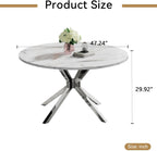 Round Faux Marble Dining Table for 4-6 Modern 47.2" Kitchen Table with Silver Stainless Steel Cross Legs Circle Dinner Table for Dining Room Living Room Apartment