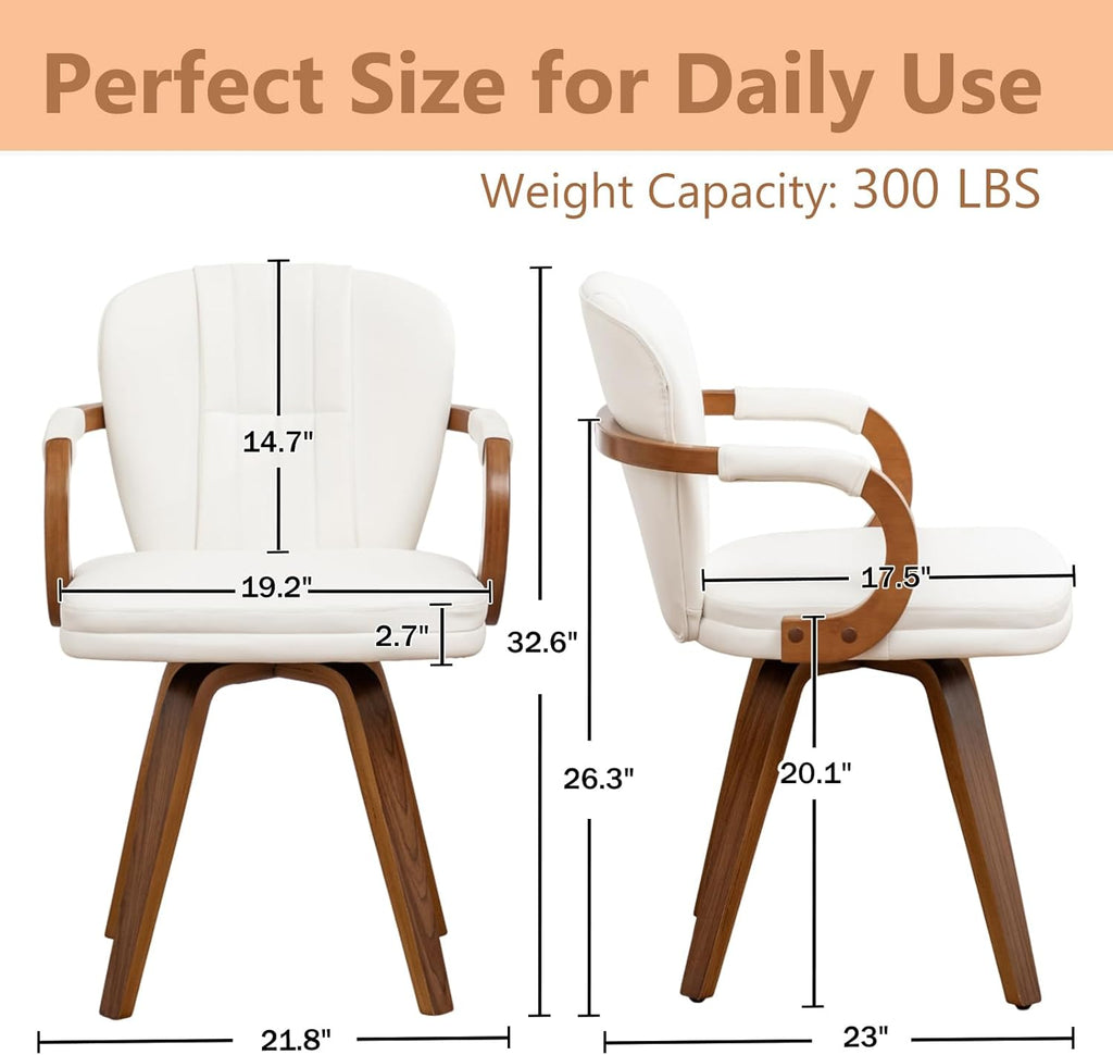 Swivel Dining Chairs Mid Century Modern White Faux Leather Upholstered Kitchen Chairs with Bentwood Frame Armrests Side Chairs,Comfortable Ergonomic Wood Accent Chair No Wheels,1PCS