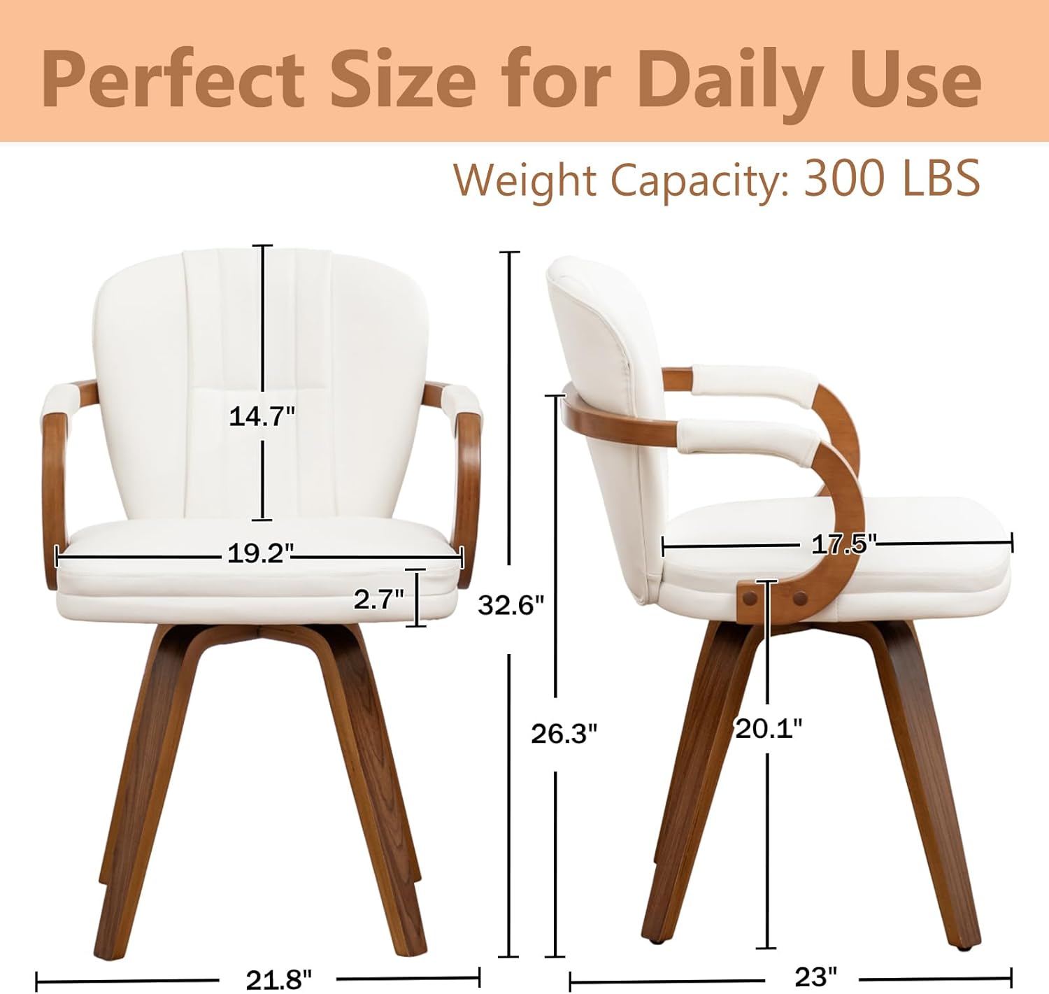 Swivel Dining Chairs Mid Century Modern White Faux Leather Upholstered Kitchen Chairs with Bentwood Frame Armrests Side Chairs,Comfortable Ergonomic Wood Accent Chair No Wheels,1PCS