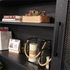 Pemberly Row Large Coastal Engineered Wood Hutch, Raven Oak Finish, 42 in x 66 in x 11 in, Adjustable Shelves, Rattan Doors, Cord Management, Office Storage Attachment for Desk or Credenza