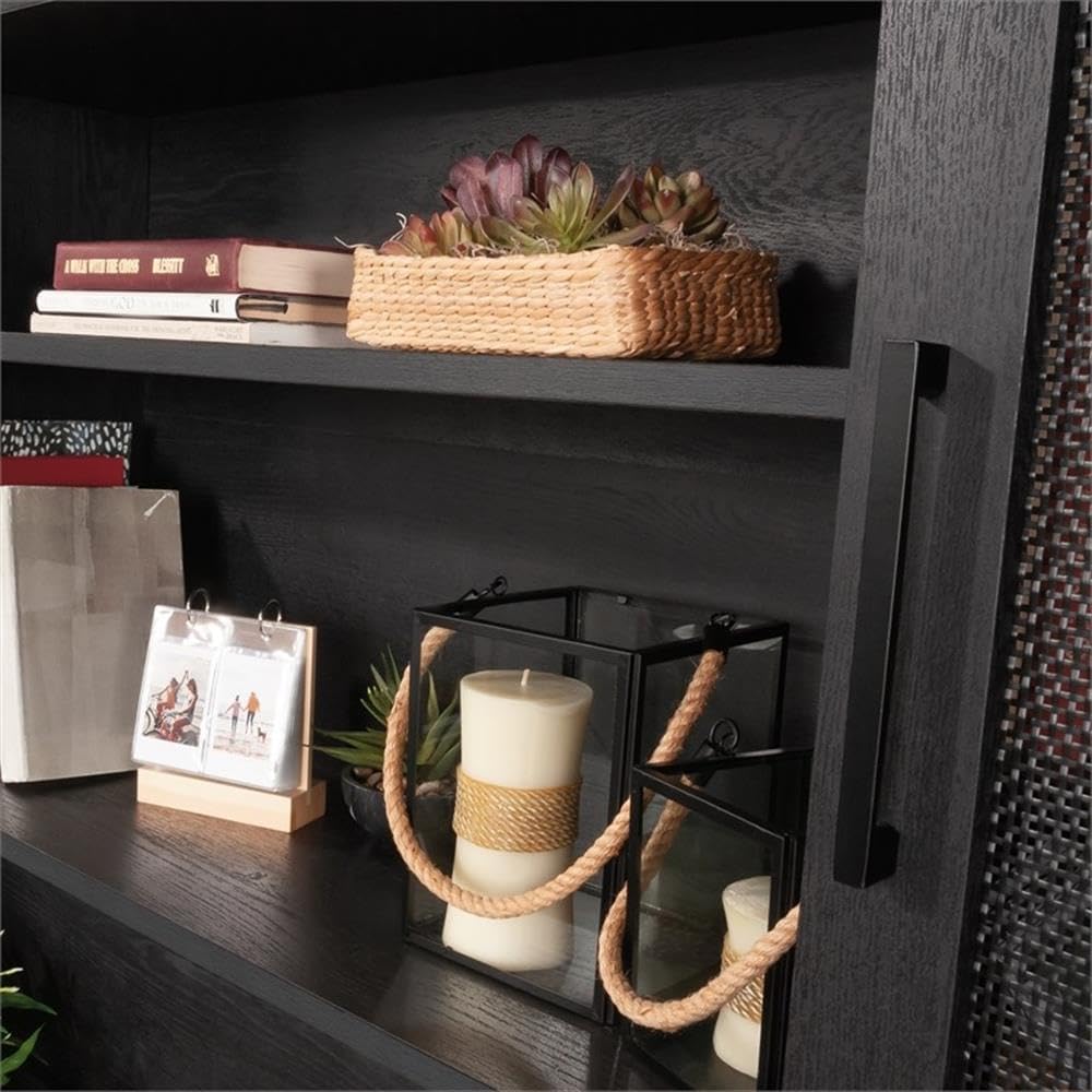 Pemberly Row Large Coastal Engineered Wood Hutch, Raven Oak Finish, 42 in x 66 in x 11 in, Adjustable Shelves, Rattan Doors, Cord Management, Office Storage Attachment for Desk or Credenza