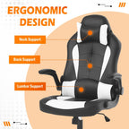 Dopinmin Gaming Chair Racing Computer Chair PU Leather Game Chair Desk Chair with Lumbar Support Flip Up Arms Headrest High Back Swivel Rolling Adjustable Ergonomic Office Chair, White
