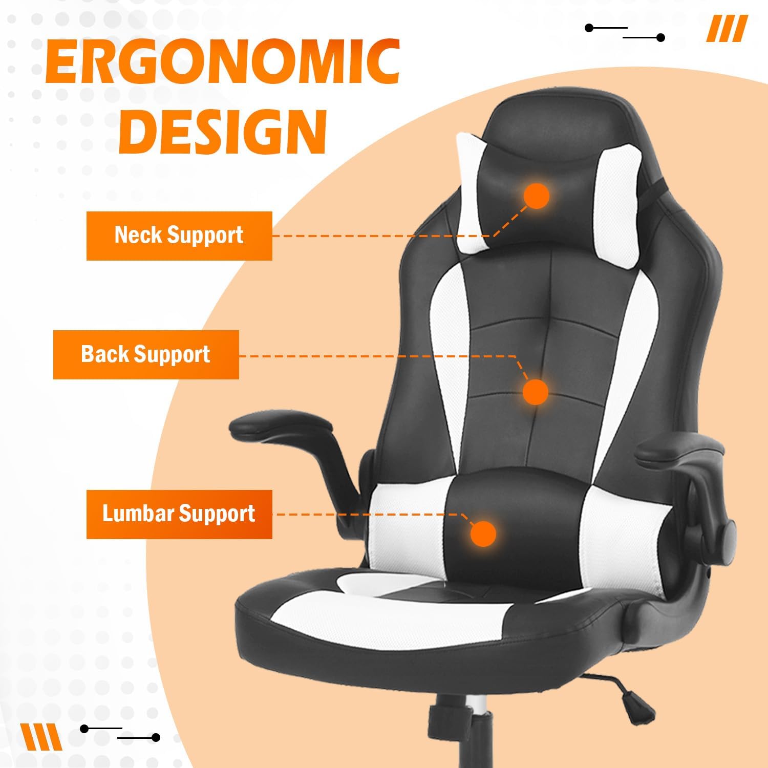 Dopinmin Gaming Chair Racing Computer Chair PU Leather Game Chair Desk Chair with Lumbar Support Flip Up Arms Headrest High Back Swivel Rolling Adjustable Ergonomic Office Chair, White