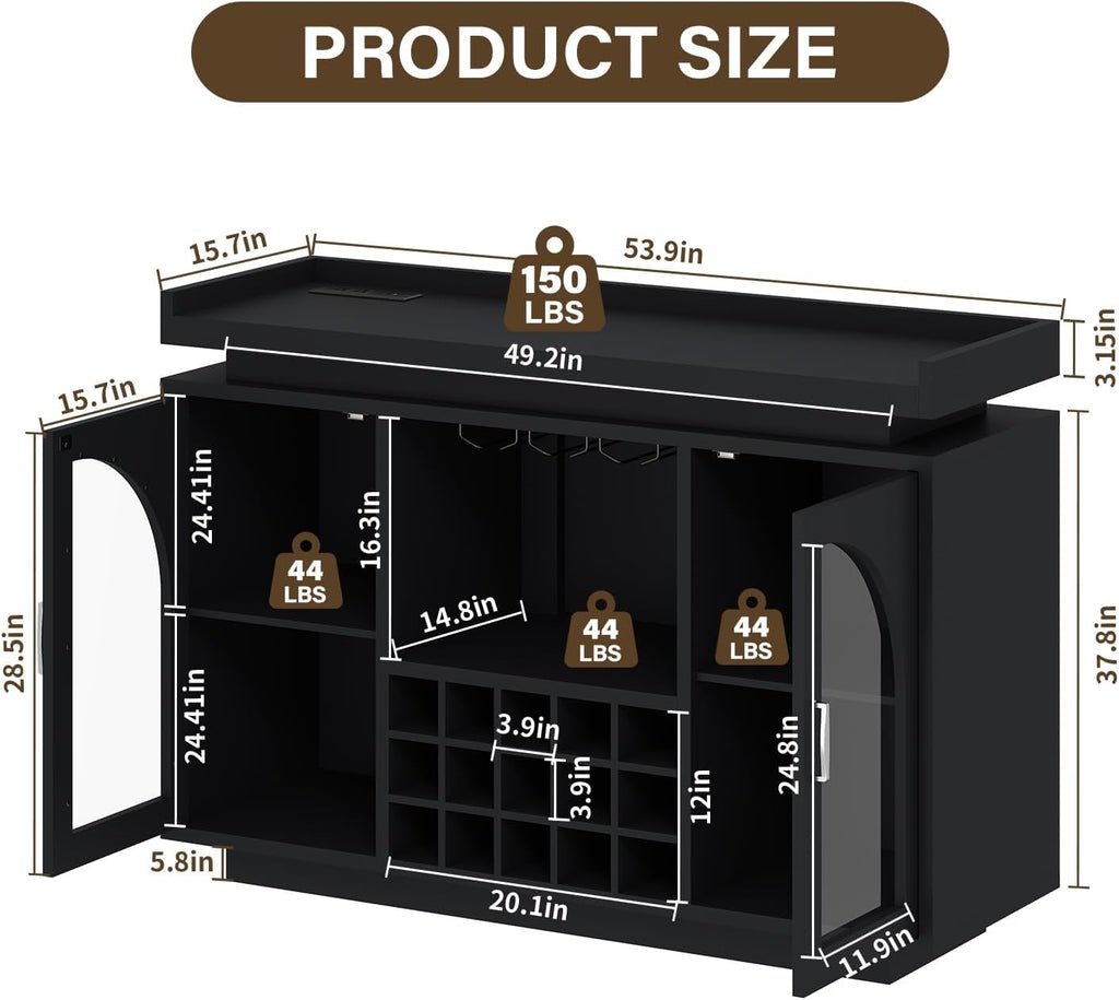 Wine Bar Cabinet with Power Outlet & LED Light, 54'' Liquor Cabinet with 15 Wine Rack & Glass Holder, Coffee Bar Cabinet for Home with Storage, 2 Arched Door, Buffet Sideboard for Living Room, Kitchen