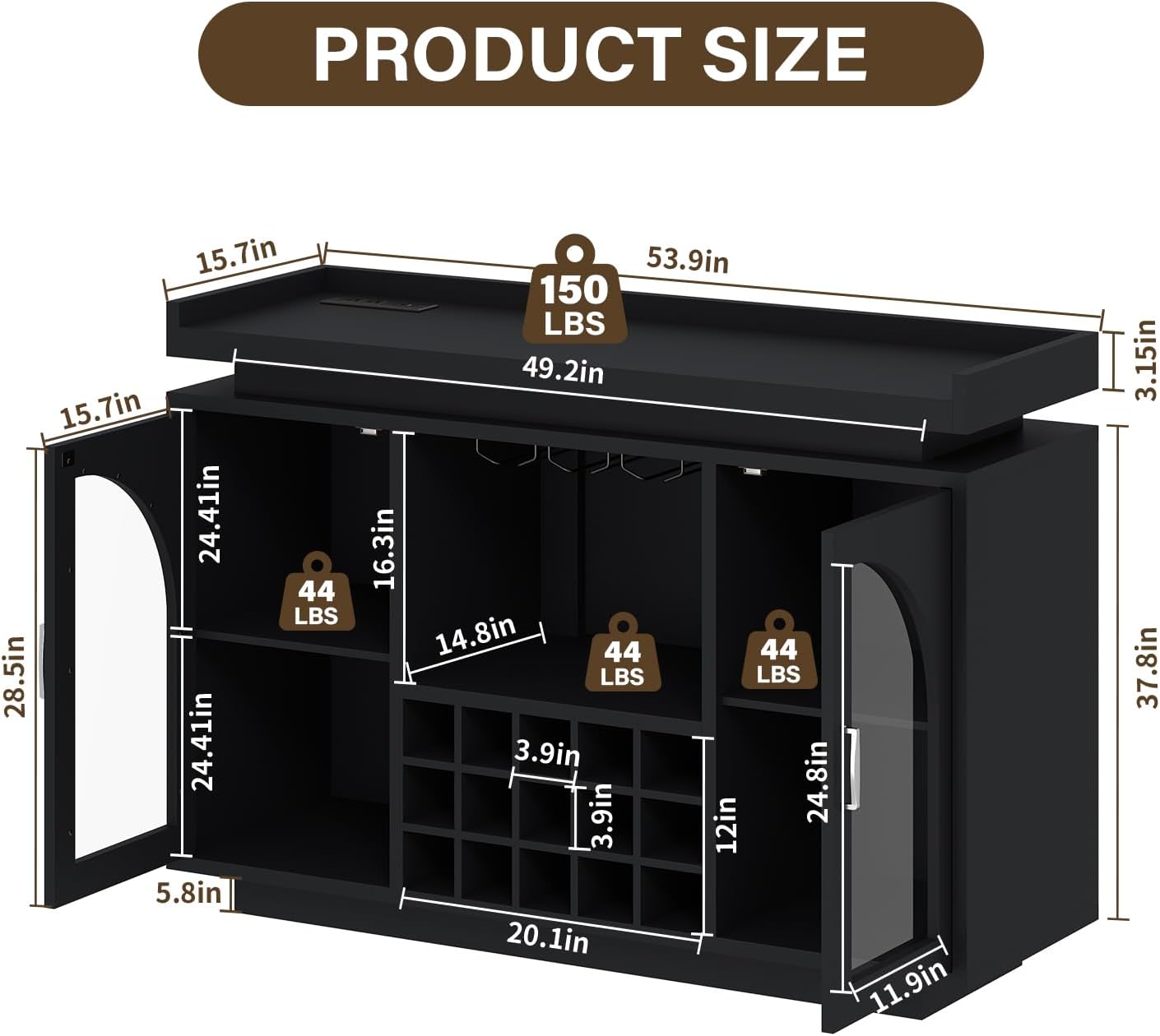 Wine Bar Cabinet with Power Outlet & LED Light, 54'' Liquor Cabinet with 15 Wine Rack & Glass Holder, Coffee Bar Cabinet for Home with Storage, 2 Arched Door, Buffet Sideboard for Living Room, Kitchen