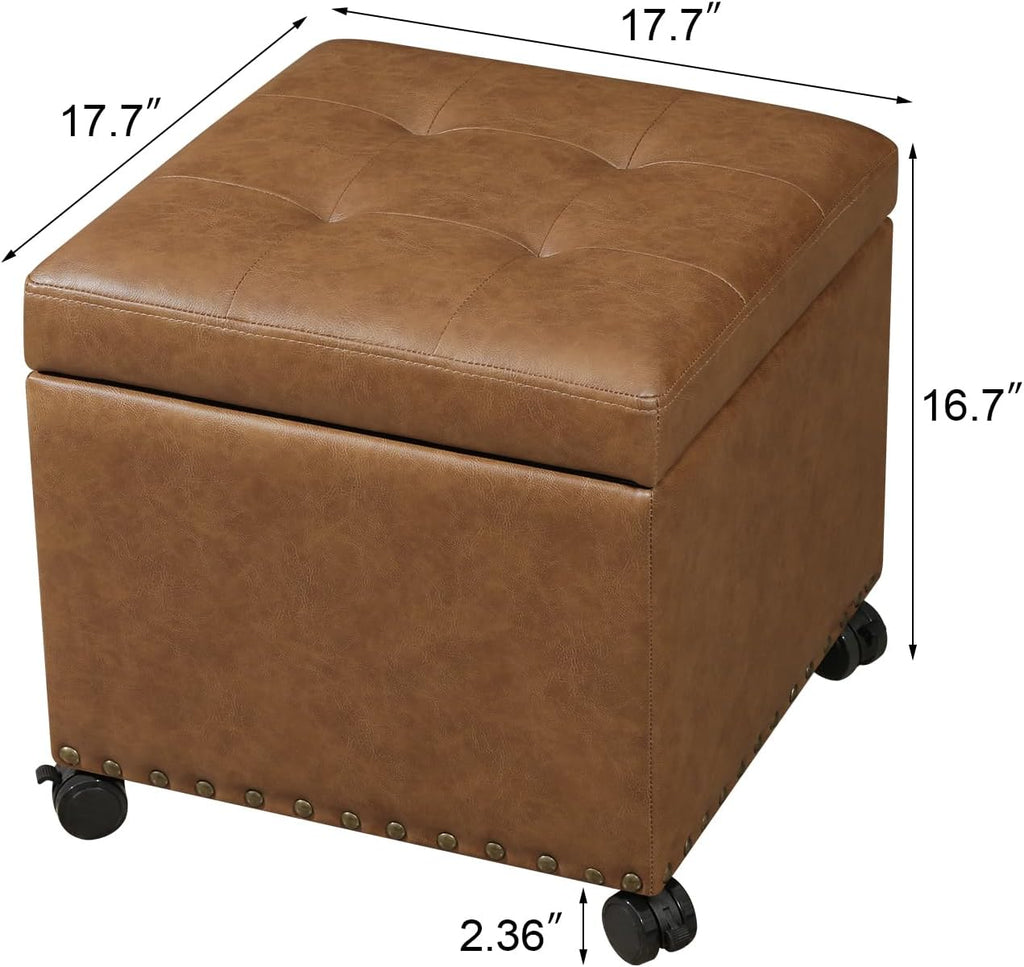 Adeco 16.7" H Vintage Golden Brown Leather Storage Ottoman with 360 Caster Wheels, Square Foot Stool with Decorative Bronze Thumb Tacks & 330 LB Load Capacity