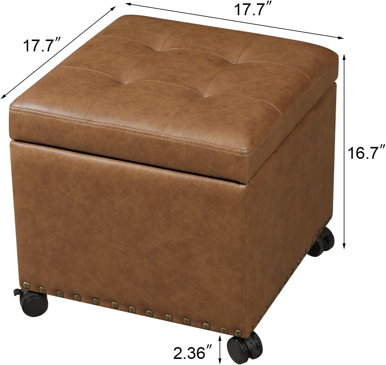 Adeco 16.7" H Vintage Golden Brown Leather Storage Ottoman with 360 Caster Wheels, Square Foot Stool with Decorative Bronze Thumb Tacks & 330 LB Load Capacity