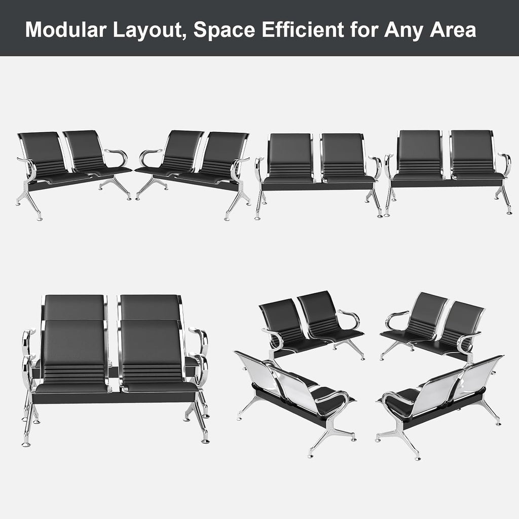 Kinsuite 2-Seat Waiting Room Bench - All PU Leather Waiting Room Chairs with Arms & Non-Slip Foot Mats, Reception Chairs Guest Chair for Office Airport Bank Salon, Black