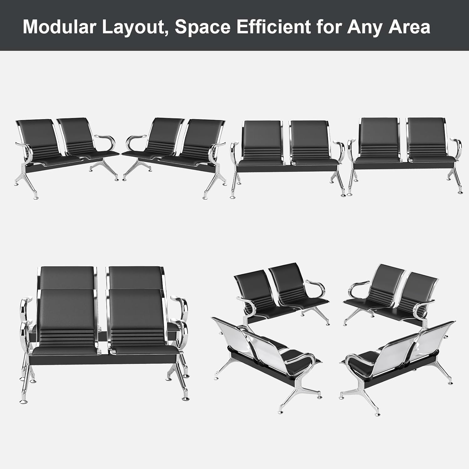 Kinsuite 2-Seat Waiting Room Bench - All PU Leather Waiting Room Chairs with Arms & Non-Slip Foot Mats, Reception Chairs Guest Chair for Office Airport Bank Salon, Black