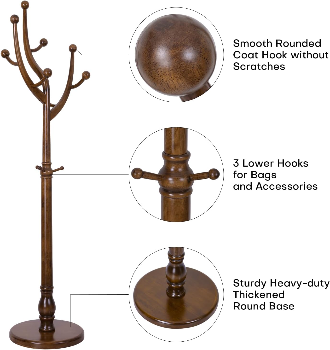 Bekrvio Wood Freestanding Coat Rack Coat Tree with Round Base, Walnut | Unique Coat Hanger Stand, Heavy Duty Standing Coat Rack, For Jacket, Hat, Bags For Entryway, Hallway, Bedroom, Apartment