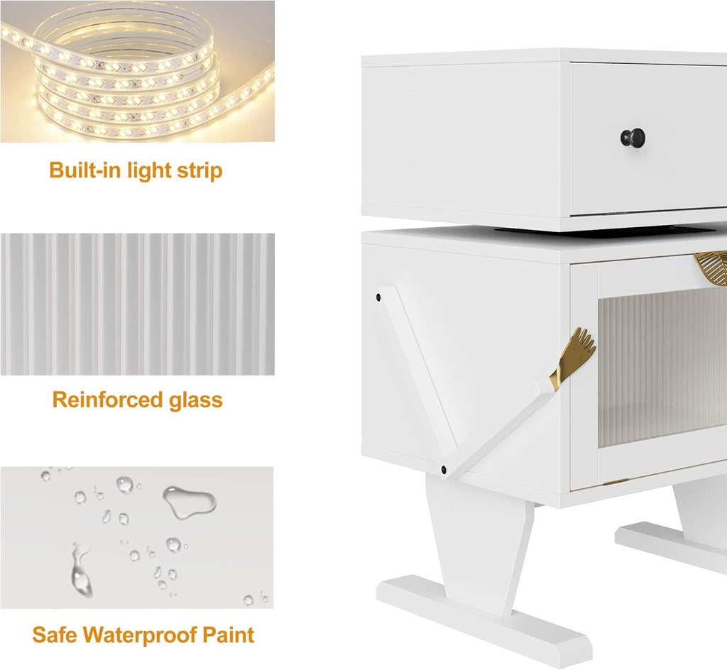 May in Color End Table with LED Light Strips, Creative End Table with Storage, Wood Night Stand Cabinet, Modern Bedside Table with 360° Rotating Drawer for Living Room, Bedroom, Nursery, White