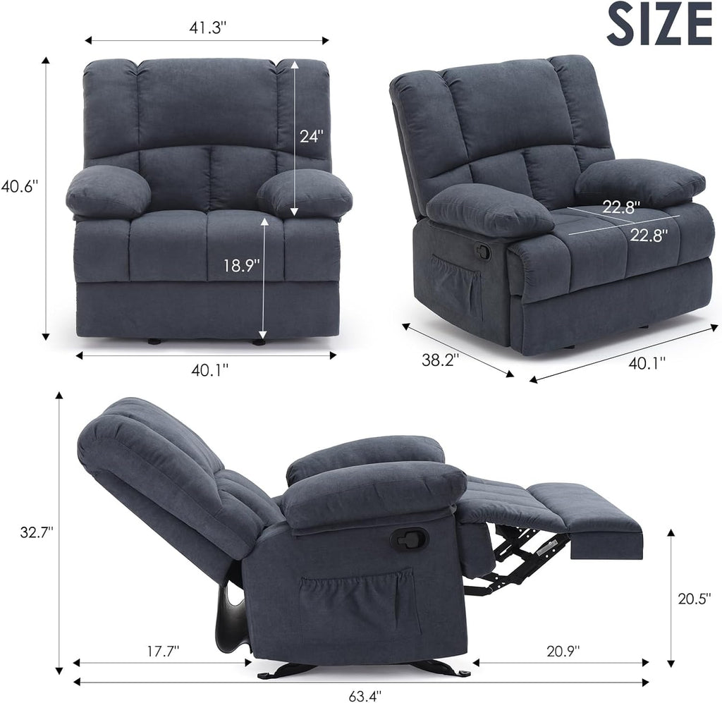 Oversized Rocker Recliner Chair, Wide Rocker Chair with Adjustable Backrest Footrest, Lazy Boy Oversized Recliner for Adults, Reclining Sofa for Living Room, Reading, Bedroom, Blue Black