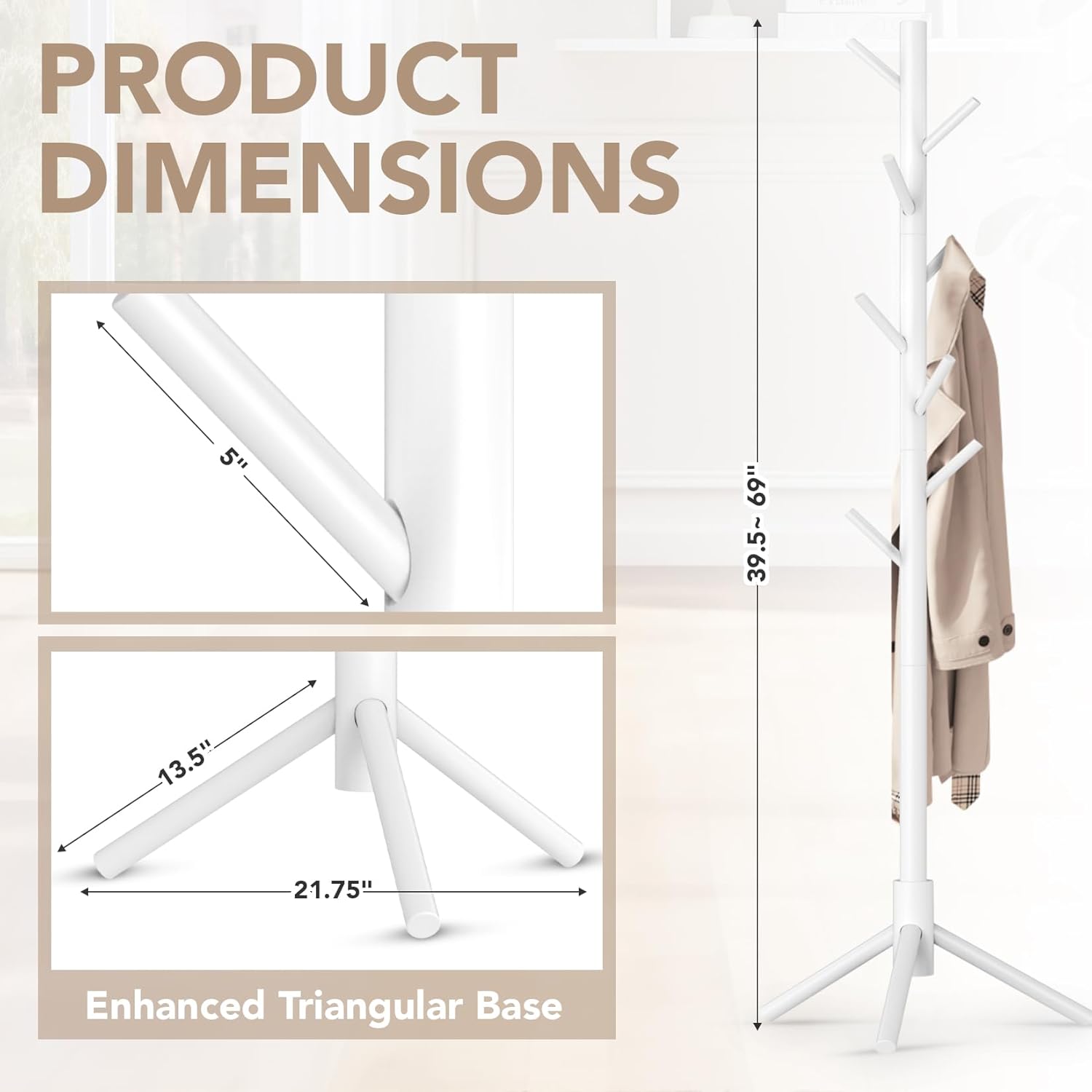 Hupmad Wooden Tree Coat Rack Stand,Sturdy Freestanding Coat Rack with 8 Hooks,3 Adjustable Height for Child Adult,Wood Coat Stand Tree Fits Entryway Bedroom Office for Bags,Hats, 2 Pack