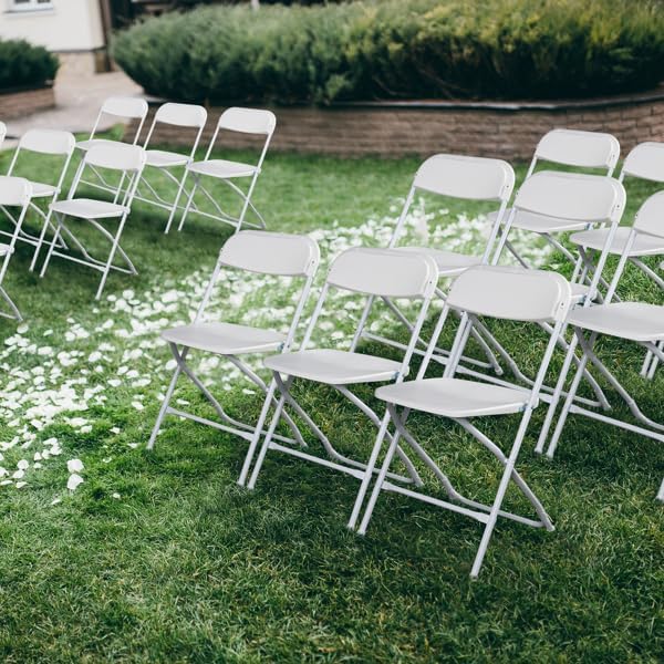 Plastic Folding Chairs, White, Steel Frame with Powder Coat Finish, 350 lb Capacity, Indoor/Outdoor, 4 Pack