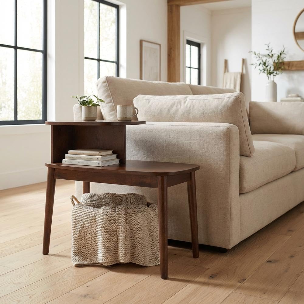 Furnifact Brown Chairside End Table, 2 Tier Shelves, Mid-Century Style Solid Wood Legs, Durable Veneer Finish, Modern Living Room Accent