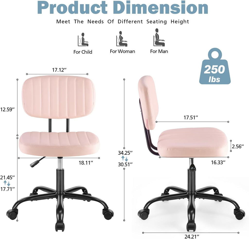 DUMOS Armless Home Office Executive Chair - Small Desk Chair with Low Back Lumbar Support, Height Adjustable PU Leather Computer Task Chair with 360° Swivel Wheels, for Adults, Pink