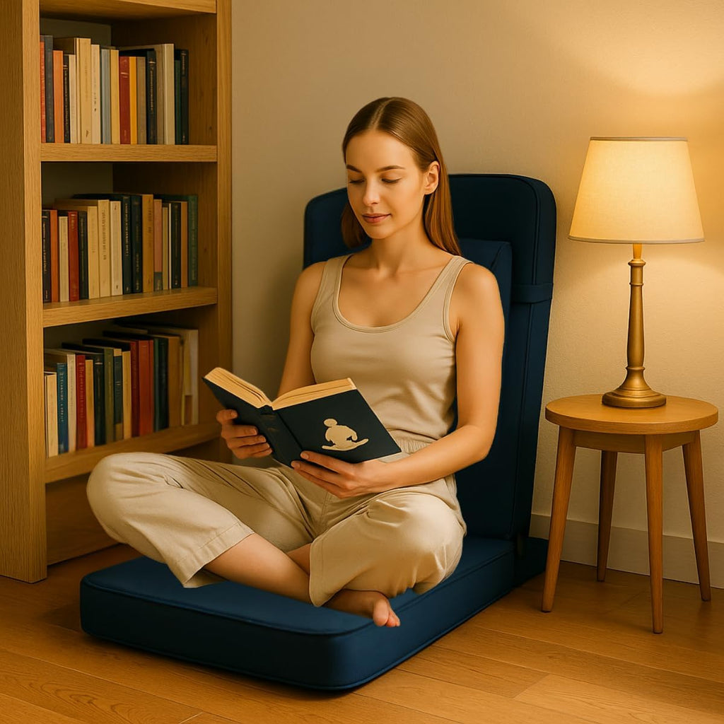Friends Of Meditation 4-in-1 Folding Buddha Chair – Ergonomic Yoga Seat with Half-Moon Zafu, Detachable Lumbar Support & Carry Case – Navy Blue