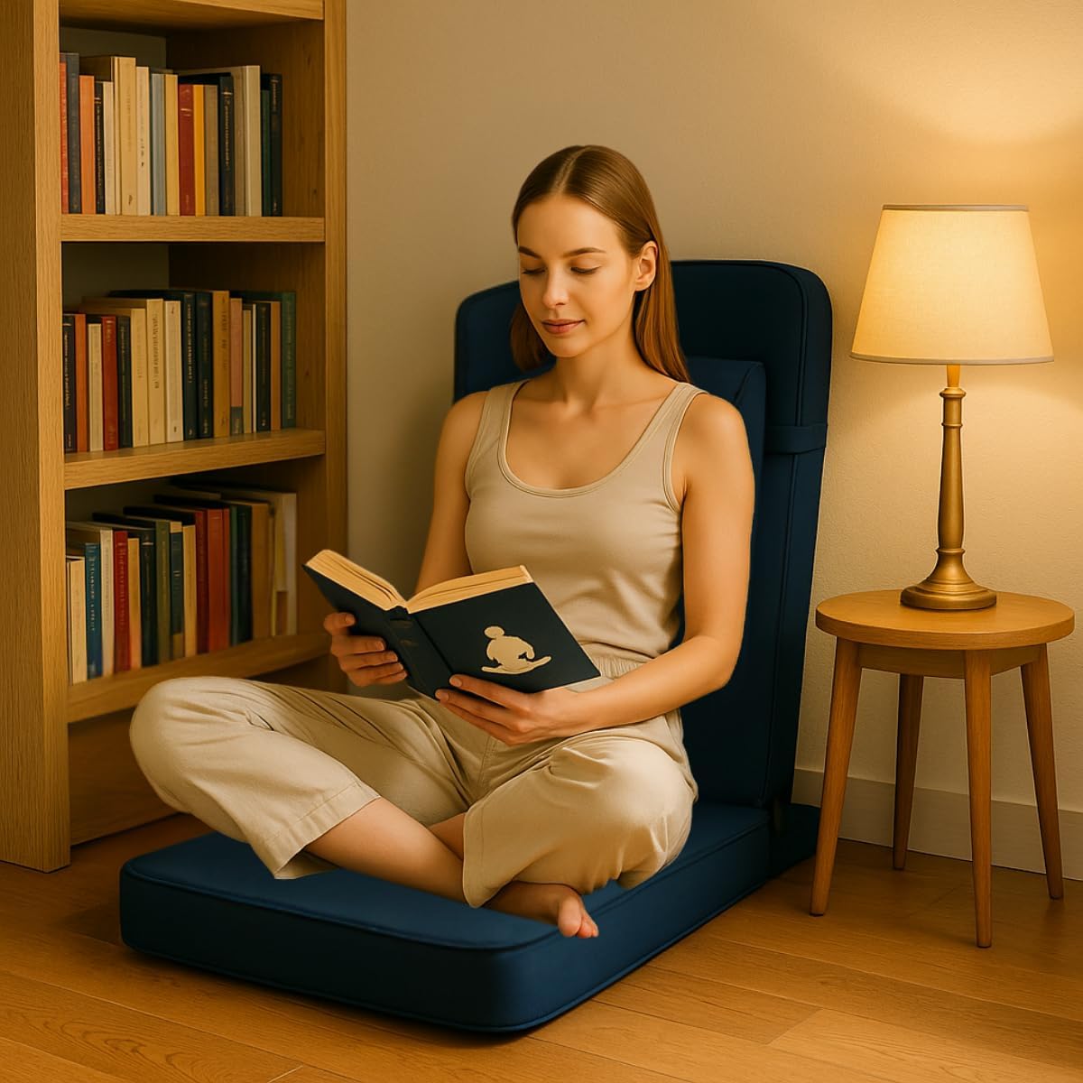 Friends Of Meditation 4-in-1 Folding Buddha Chair – Ergonomic Yoga Seat with Half-Moon Zafu, Detachable Lumbar Support & Carry Case – Navy Blue