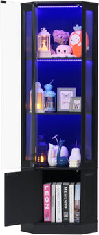Verano Garden Corner Display Cabinet with Glass Doors, 65" Curio Cabinet w/Multi-Color LED Lights, 4-Tier Lighted Storage Display Case for Collectibles, Showcase Cabinet for Living/Game Room (Black)