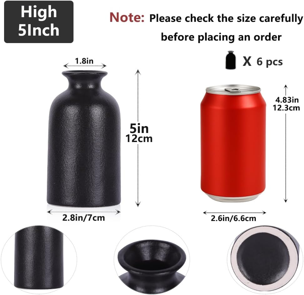 Black Ceramic Bud Vases Set of 6 – 5in Small Vases for Dry Flowers or House Plants, Modern Boho Decorative Vases for Wedding, Home, Table Centerpieces, Mantel or Office Decor