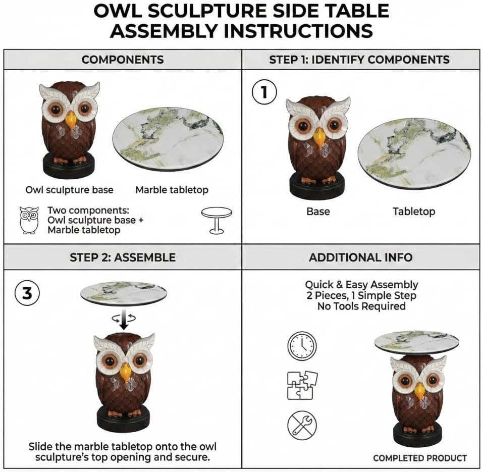 Owl Side Table, Round End Table with Faux Marble Top, Resin Owl Statue Base, Unique Animal Accent Table for Living Room