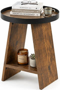 Round End Table with Tray Top, 2-Tier Rustic Side Table with Storage Shelf, Modern Farmhouse Industrial Wood Nightstand for Living Room, Bedroom, Small Spaces (Rustic Brown)