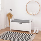 Kids Toy Storage Box with Cushion Seat & Flip-Top Lid – White Wooden Toy Chest with Safety Hinge, Large Organizer Trunk for Nursery, Playroom & Bedroom