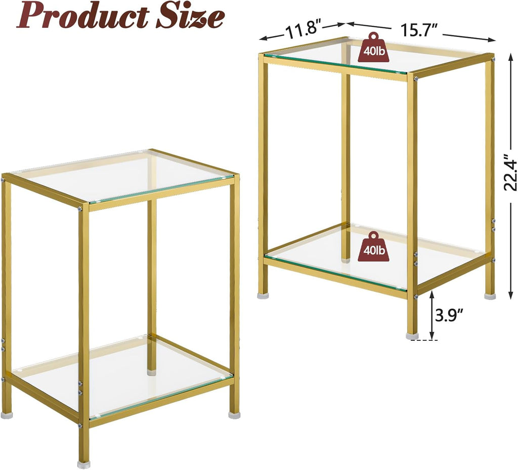 DAOUTIME Side Tables Set of 2, End Tables with Tempered Glass & Metal Frame, Small Nightstands with Storage Shelves, 2-Tier Gold Coffee Table with Modern Style, Slim Sofa Table for Living Room,Bedroom