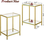DAOUTIME Side Tables Set of 2, End Tables with Tempered Glass & Metal Frame, Small Nightstands with Storage Shelves, 2-Tier Gold Coffee Table with Modern Style, Slim Sofa Table for Living Room,Bedroom