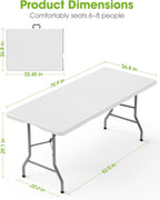 Pureegg 6FT Folding Table - No Assembly Required, Versatile Dining Table with Carrying Handle & Tabletop Safety Lock, Portable Foldable Table for Party, Craft, Camping, Picnic, White
