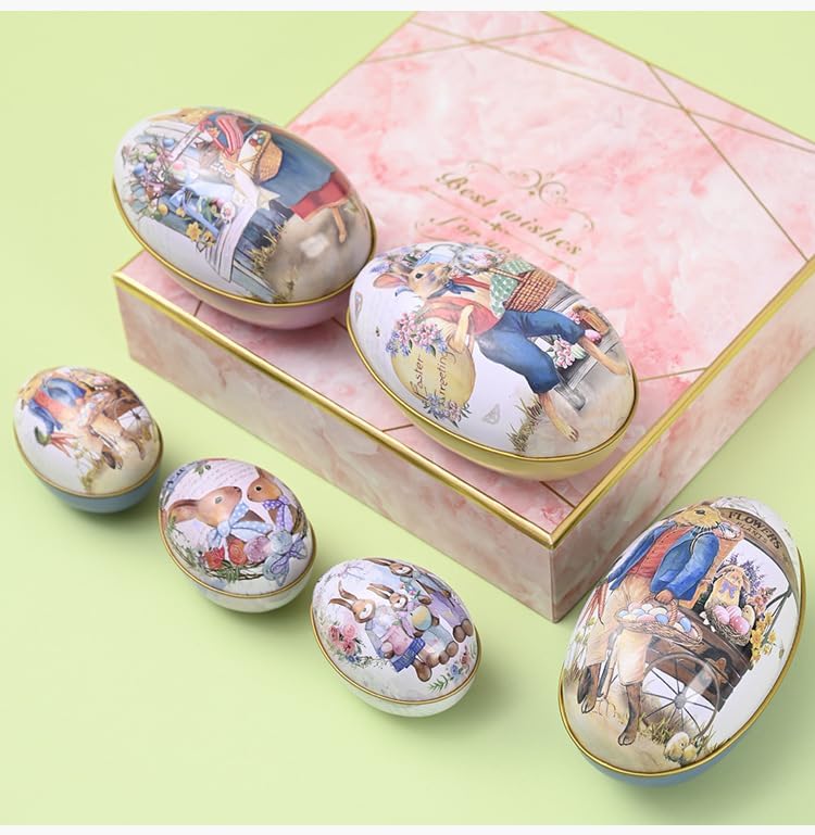 4.9" Oversized Easter Egg Tin - Vintage Bunny Gardener Metal Gift Box, Large Flower Market Themed Treat Container for Egg Hunt & Spring Decor