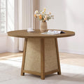 SICOTAS Round Wood Dining Table for 4, 47" Rattan Dining Room Table with Solid Wood Pedestal Base, Boho Circle Kitchen Table, Farmhouse Wicker Dinner Table for Dining Room Kitchen, Living Room, Oak