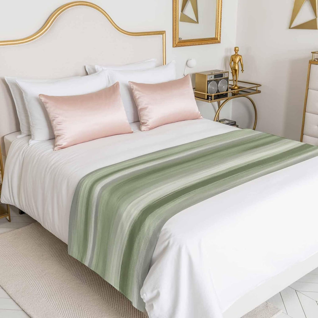 Bed Runner Scarf for Queen Size Bed, Sage Green Grey Beds Scarf Throws for Foot of Bedding, Abstract Art Oil Painting Green Ombre Decorative Beds Runners for Bedroom Guestroom, 83"x20"
