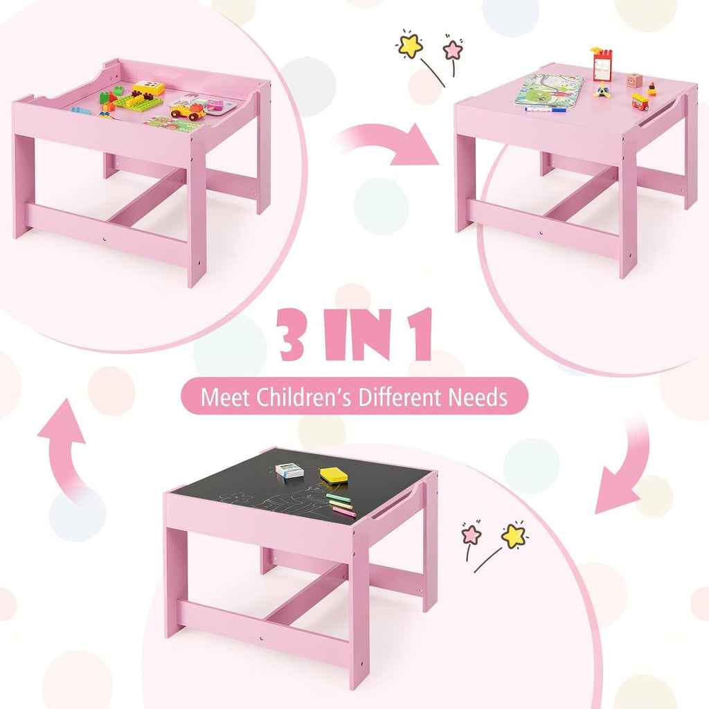 LDAILY Kids Table and Chairs, 3 in 1 Wooden Kids Table with Storage Drawer, Removable Blackboard, Reversible Tabletop, Toddler Table and Chair Set for Drawing, Reading (Pink)