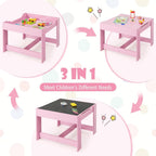 LDAILY Kids Table and Chairs, 3 in 1 Wooden Kids Table with Storage Drawer, Removable Blackboard, Reversible Tabletop, Toddler Table and Chair Set for Drawing, Reading (Pink)