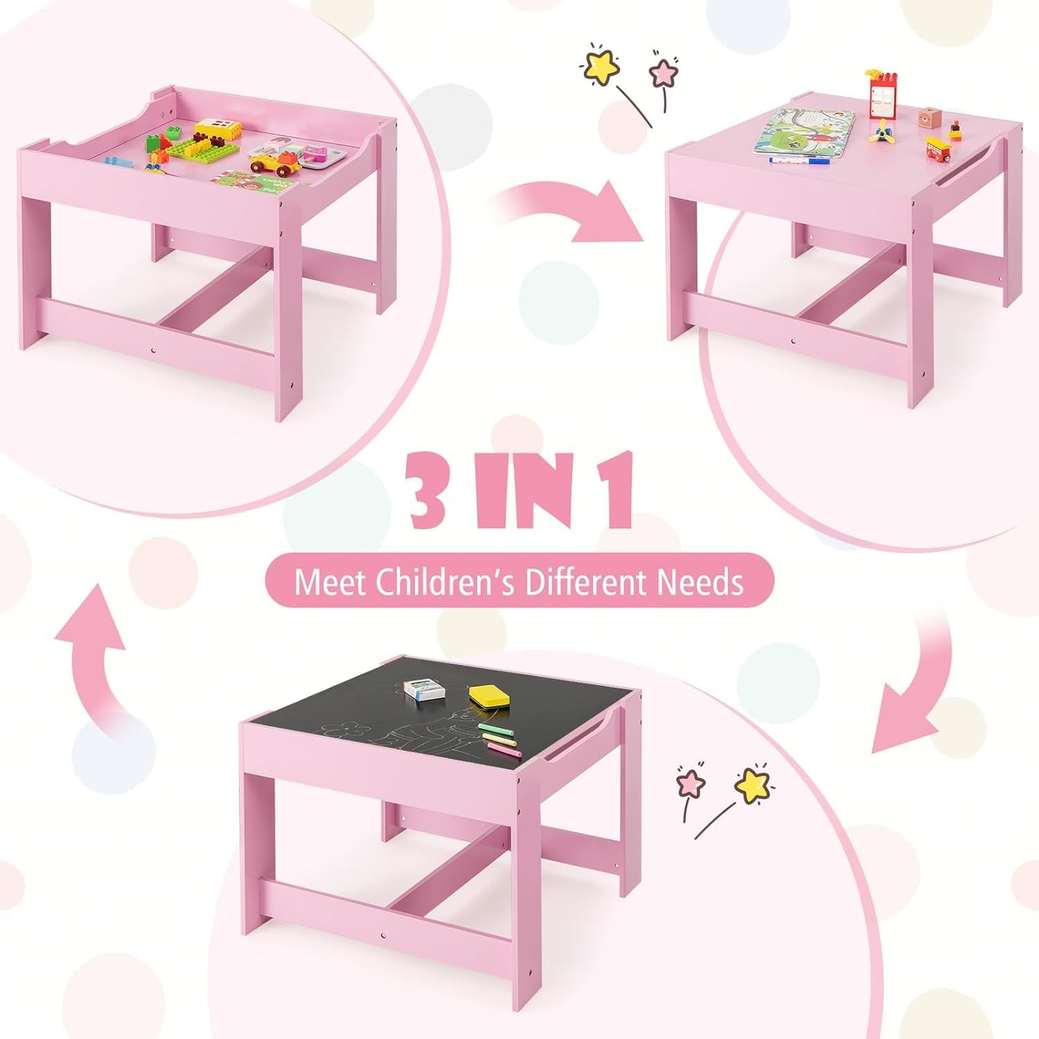 LDAILY Kids Table and Chairs, 3 in 1 Wooden Kids Table with Storage Drawer, Removable Blackboard, Reversible Tabletop, Toddler Table and Chair Set for Drawing, Reading (Pink)