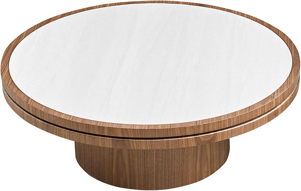 35.43 Inch Round Sintered Stone Side Table, No Assembly MDF Coffee Table with Walnut Finish, Modern Small Accent End Table for Living Room Bedroom Office Apartment Compact Space (35.43''+Walnut)