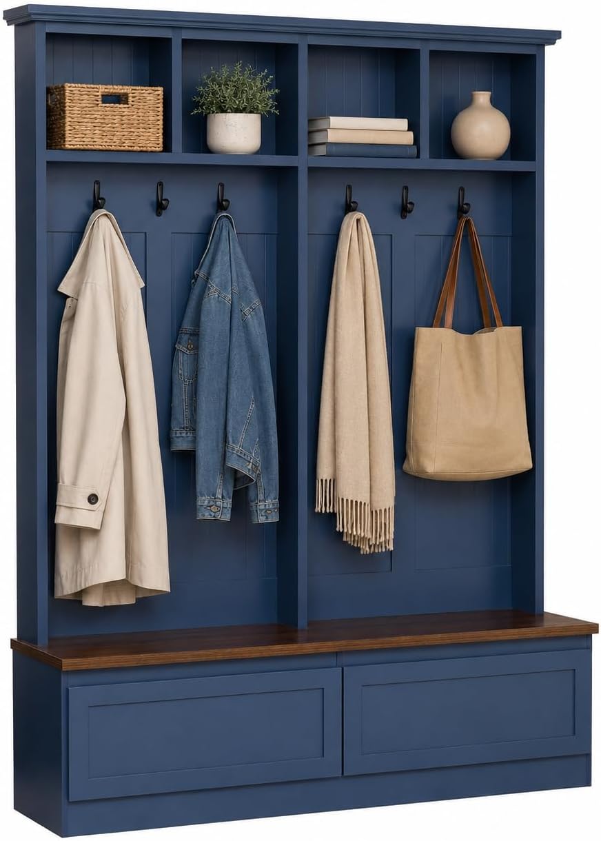 Farmhouse 4-in-1 Hall Tree with Storage Bench, Mudroom Coat Rack with 2 Drawers, Entryway Organizer with Hooks and Shelves, Blue, 55.9 Inch Wide