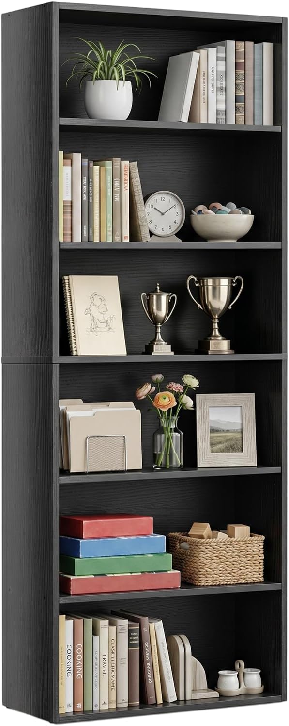 6 Tier Bookshelf, 63" Tall Open Display Bookcase with Reinforced Back & Anti-Tip Kit, Heavy Duty Wood Book Shelves for Home Office, Living Room & Bedroom, Black