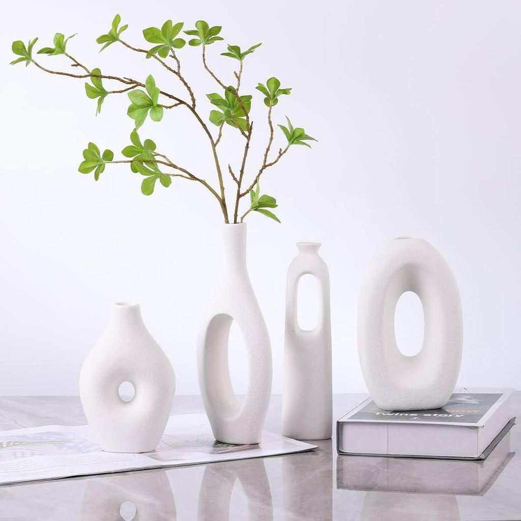 White Ceramic Vase Set of 4 - Round Hollow Boho Vases for Pampas Grass and Flowers Decor, Modern Minimalist Small Vases for Living Room, Bedroom, Fireplace, Coffee Table Decor and Centerpieces
