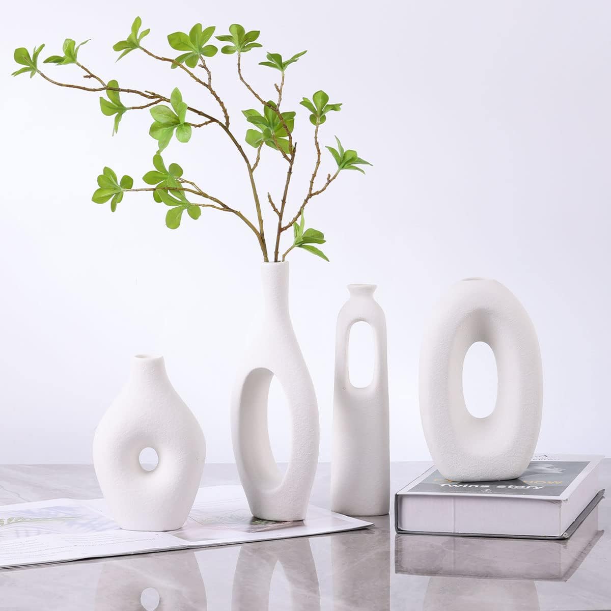 White Ceramic Vase Set of 4 - Round Hollow Boho Vases for Pampas Grass and Flowers Decor, Modern Minimalist Small Vases for Living Room, Bedroom, Fireplace, Coffee Table Decor and Centerpieces