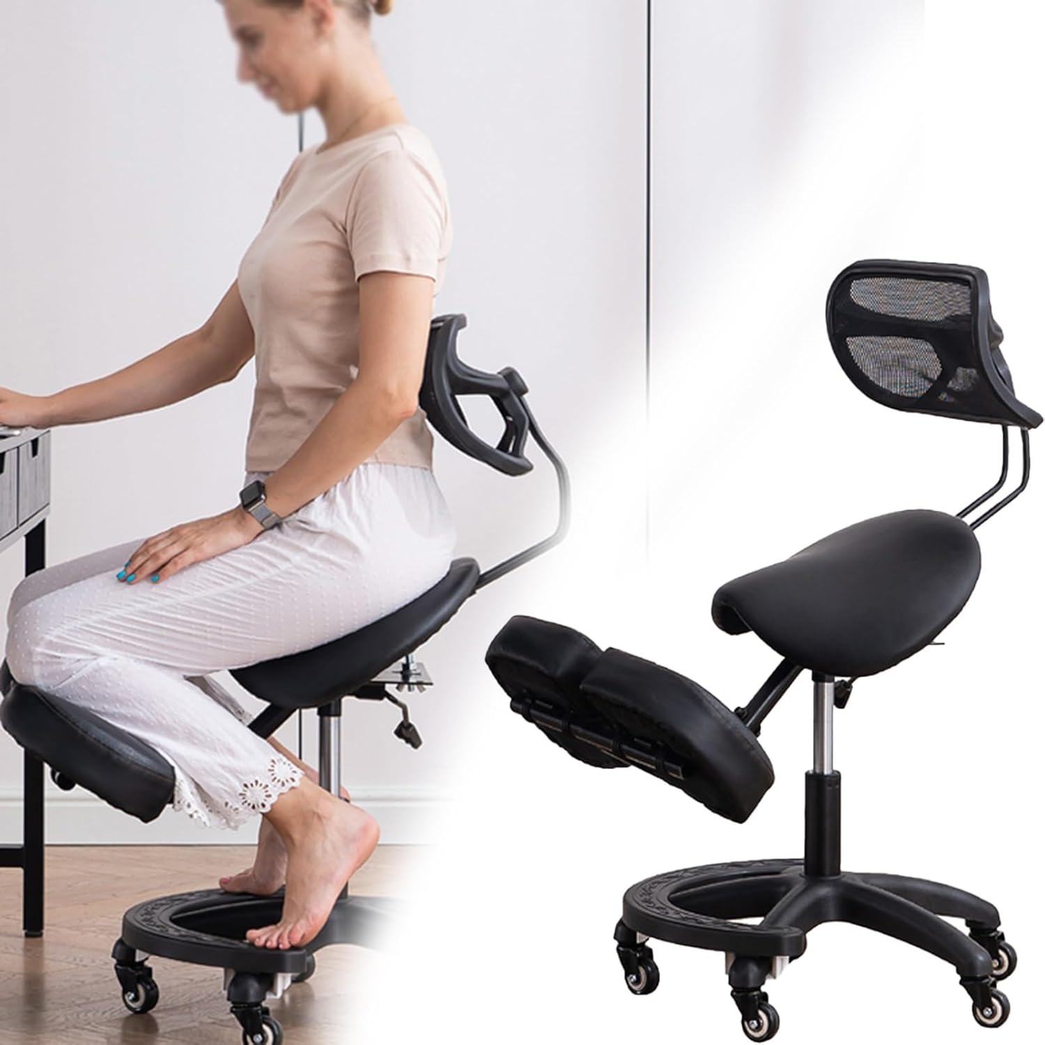 TUJOBA Modern Ergonomic Saddle Seat Kneeling Chair with Backrest, 360 Degrees Swivel Mobile Angled Posture Stool for Office, Black Leather