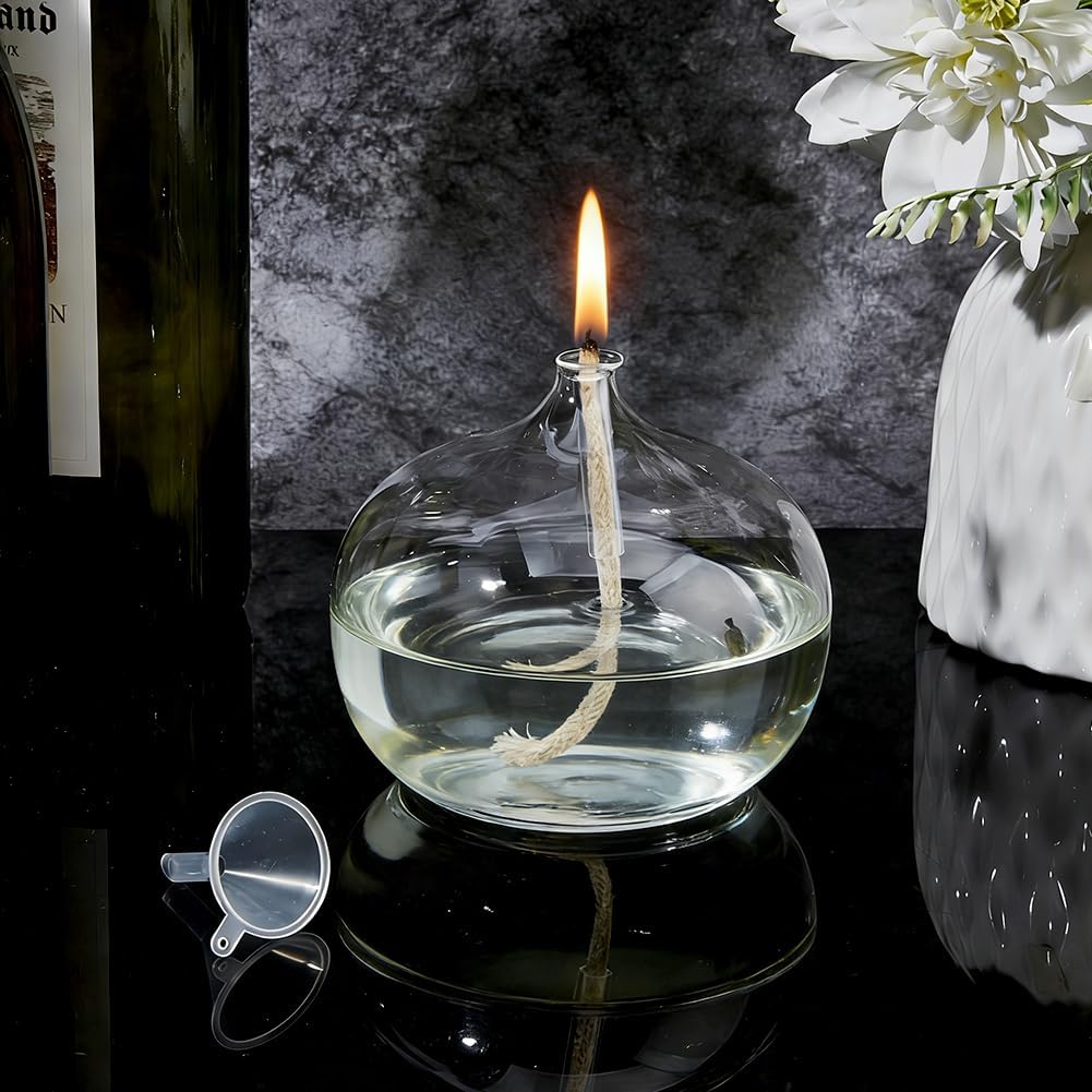 SUPERFINDINGS 2 Sets Clear Glass Oil Lamp Round Refillable Liquid Petite Oil lamp 11.5 x 10.2 cm Burning with Wick and Holder Included for Indoor Lighting and Outdoor Events