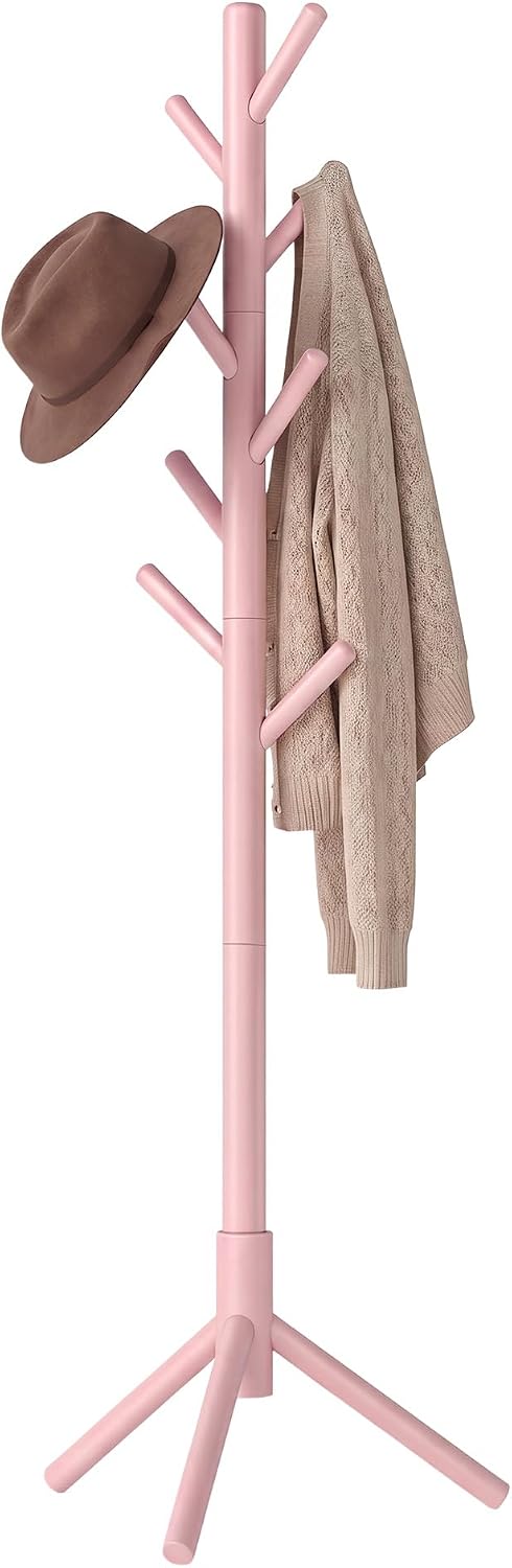 SONGMICS HOME Freestanding Coat Rack, Solid Wood, 8 Hooks, for Living Room, Bedroom, Home Office, 18.4 x 16.1 x 68.9 Inches, Pink
