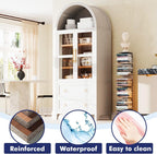 71" Tall Arched Kitchen Pantry Cabinet with 2 Large Drawers & Adjustable Shelves, Arched Bookshelf with Storage Cabinet & Glass Doors, Wooden Versatile Cupboard for Dining Room (White)