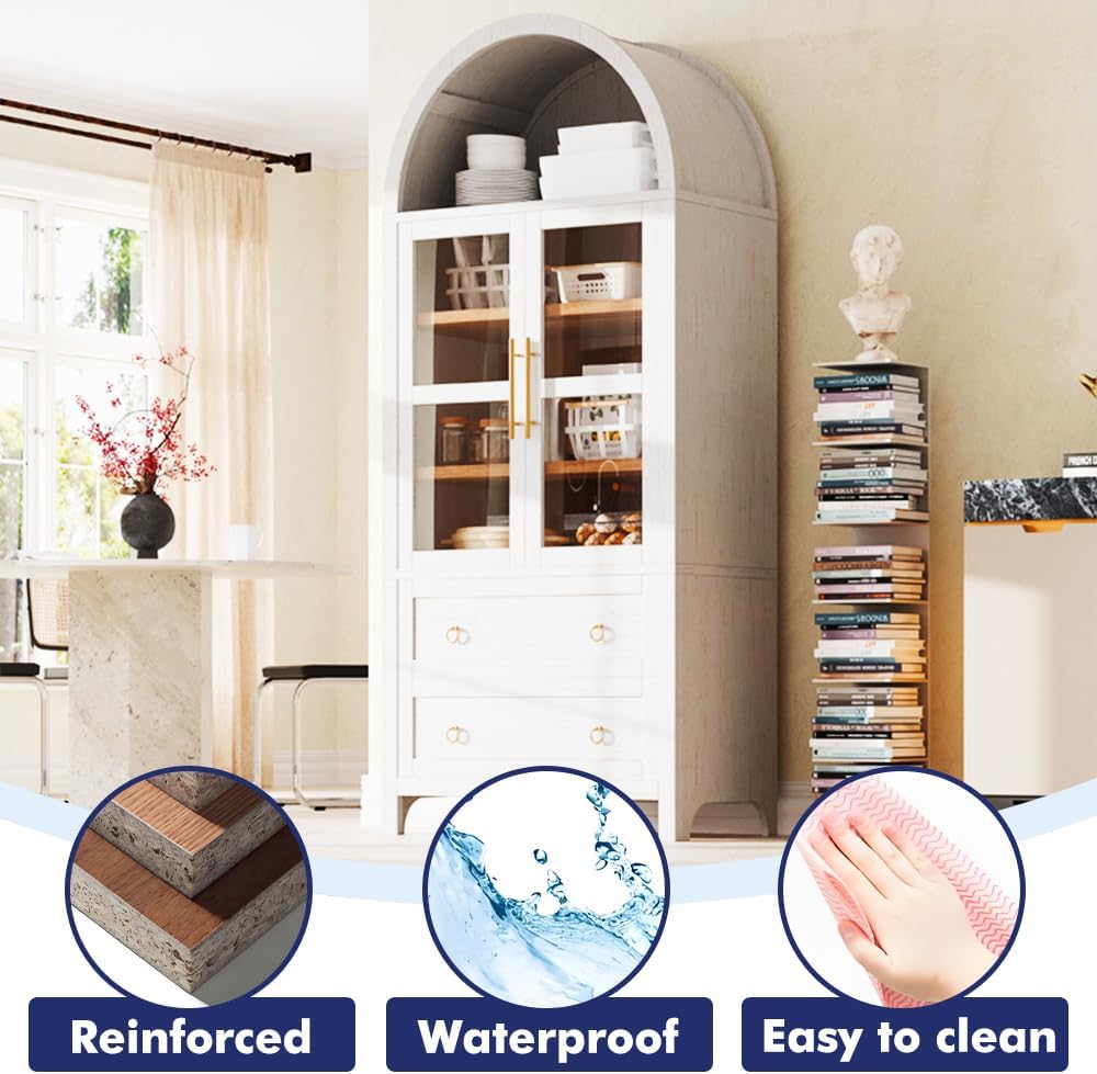 71" Tall Arched Kitchen Pantry Cabinet with 2 Large Drawers & Adjustable Shelves, Arched Bookshelf with Storage Cabinet & Glass Doors, Wooden Versatile Cupboard for Dining Room (White)