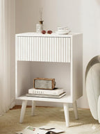 Modern Fluted Nightstand with 2 Storage Drawers Wood Bedside Table with Open Shelf & Solid Wood Legs, Sophisticated End Table for Living Room & Bedroom, Elegant Ribbed Detail Side Table (White)
