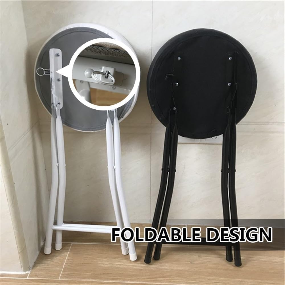 Metal Folding Bar Chair with Footrest 20in Tall Backless Round Padded Stool for Adults(White)